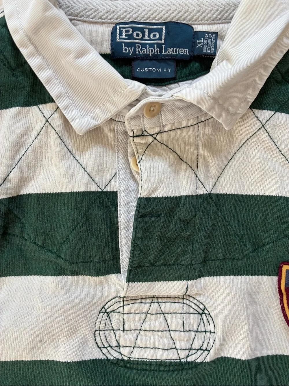 Vintage Ralph Lauren Green and White Embroidered Striped Rugby Polo